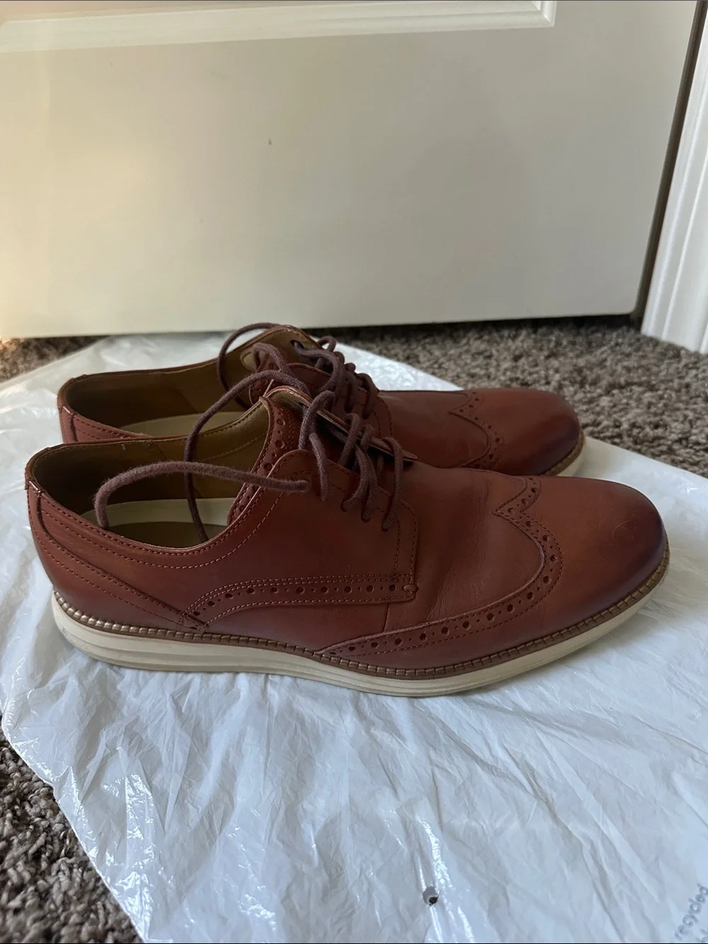 Cole Haan Brown Leather Wingtip Derby Oxfords with White Contrast Sole